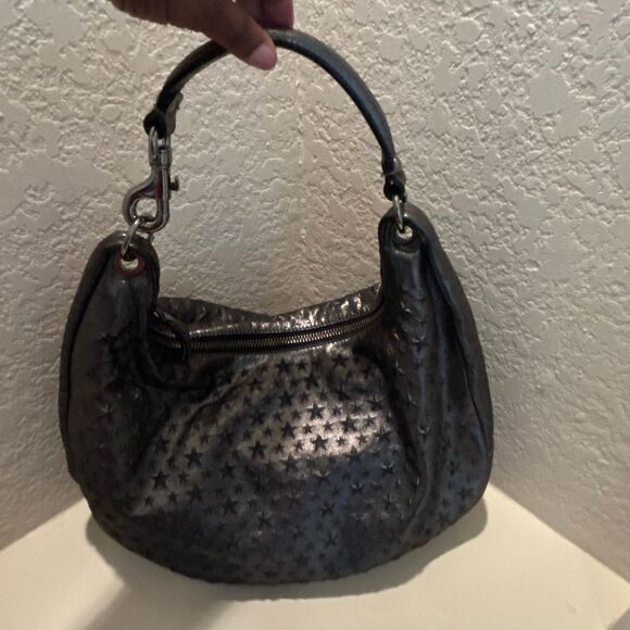 Jimmy Choo Star Embossed Hobo Shoulder Bag Gunmetal Leather Celestial Zodiac - Picture 1 of 13
